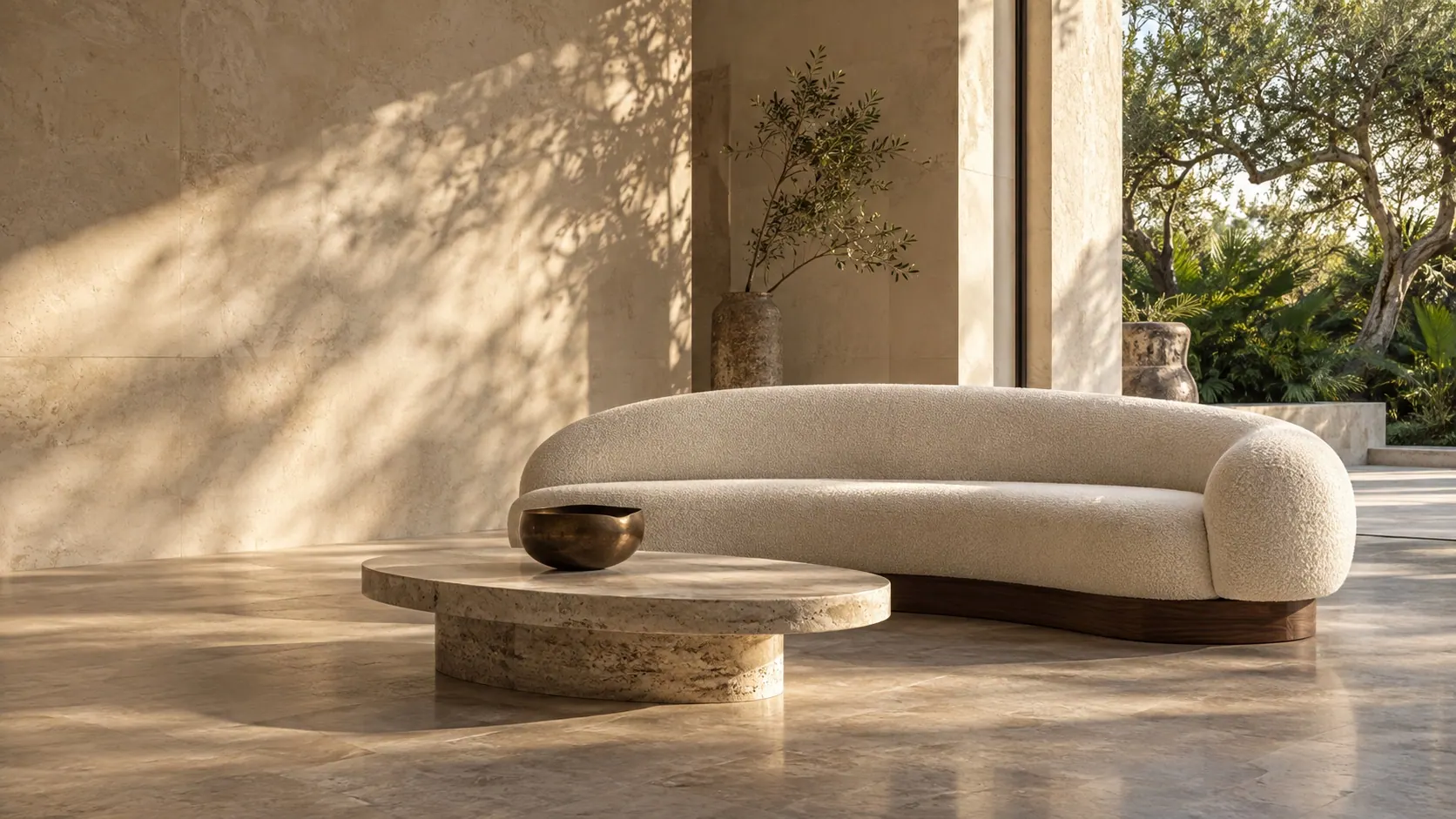 Sculptural ivory seating and travertine in a sunlit architectural room — a VAROM concept interior